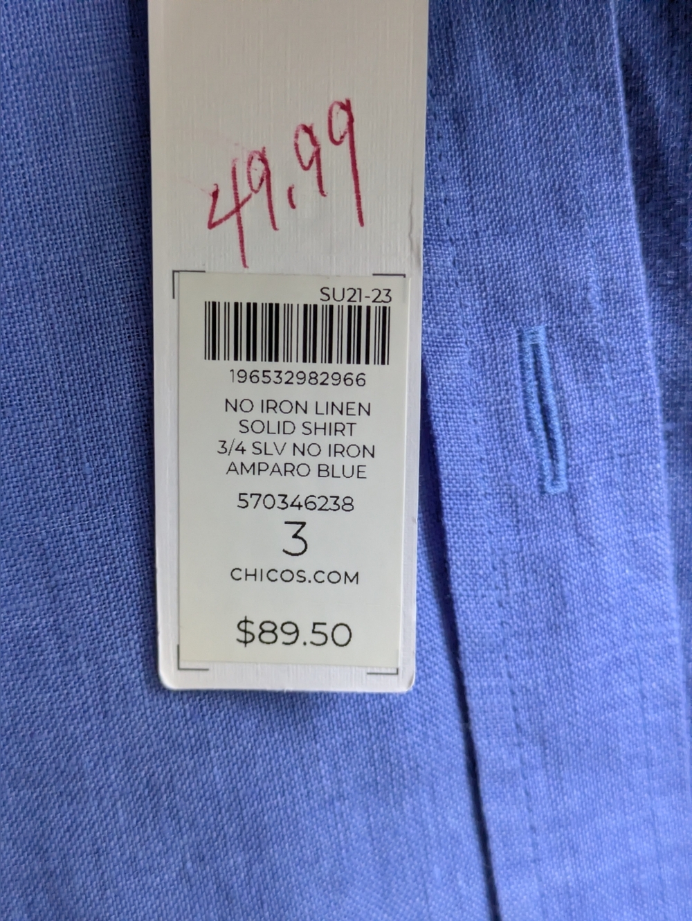 NWT....Chico's Blue "No Iron"Linen Blouse - Size 3 (US 16) - Picture 4 of 11